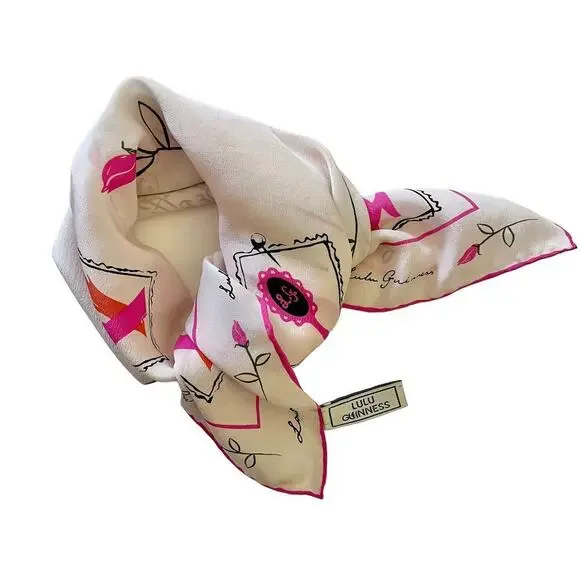 Lulu Guinness "We Suffer to Be Beautiful" Pink White Silk Square Scarf - Picture 8 of 9